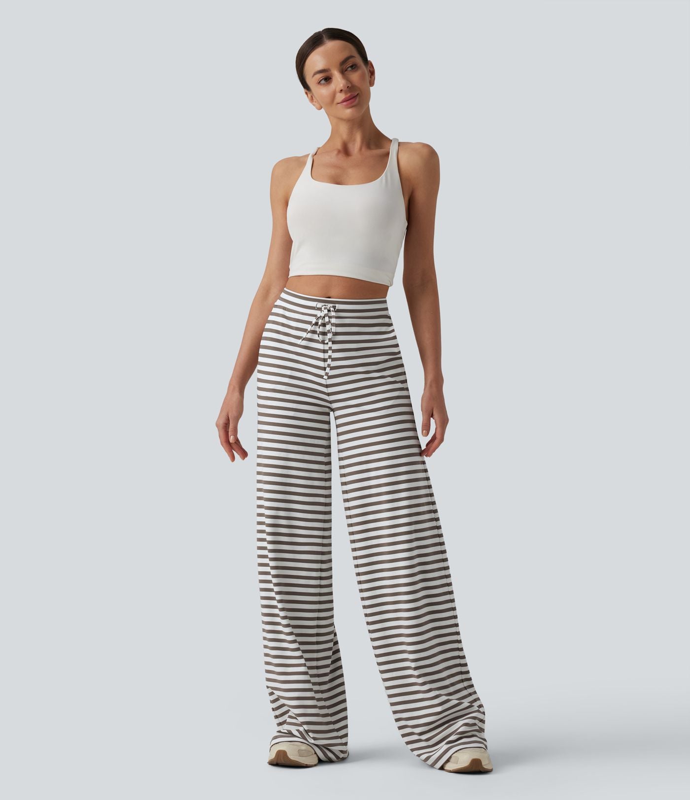 Pantalon yoga large taille mi-haute à rayures et cordon de serrage avec poches