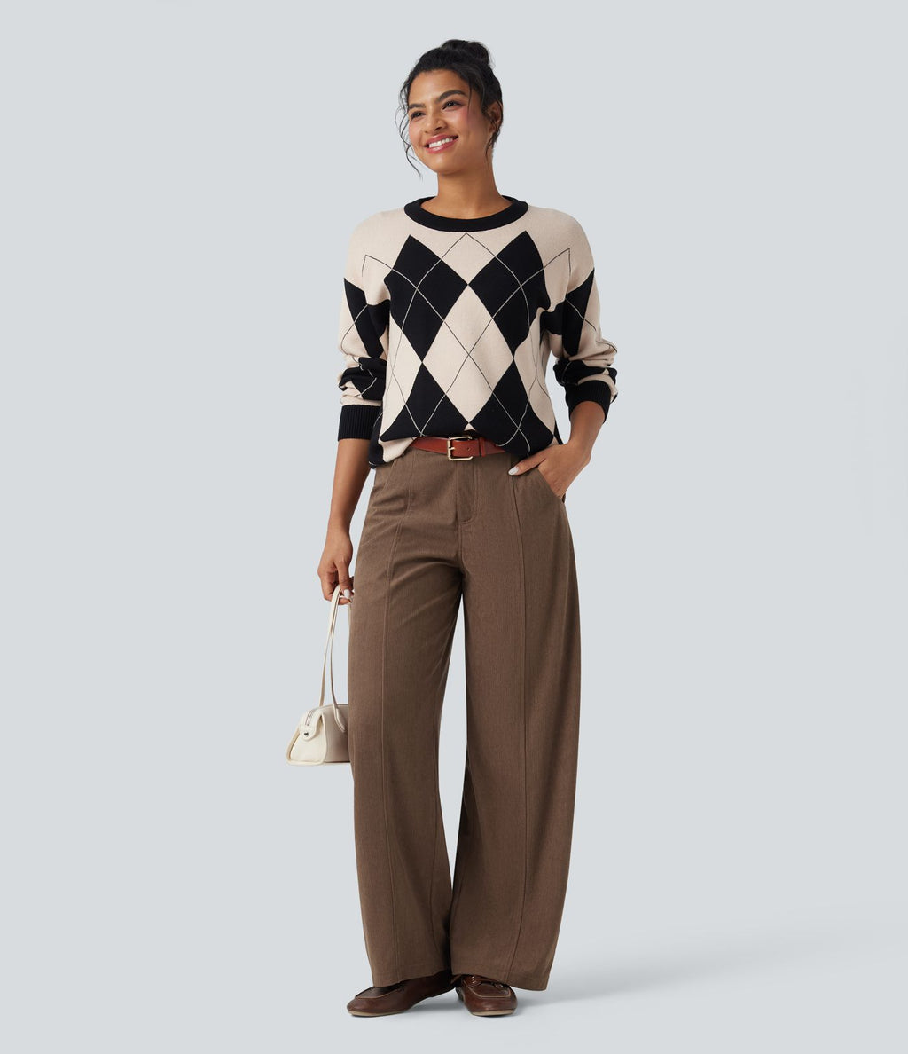 Pantalon décontracté large en velours côtelé taille haute avec poches