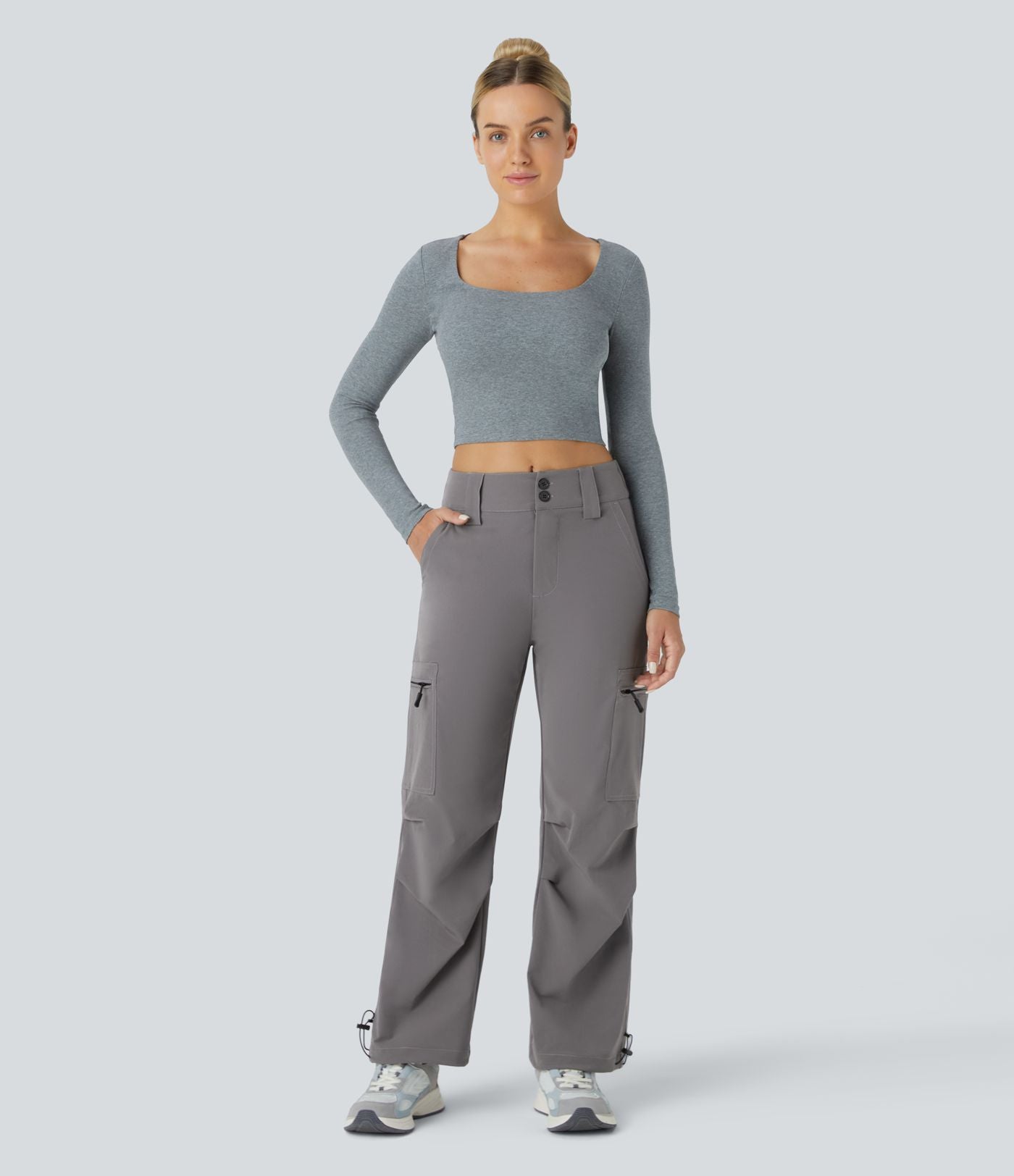 Jogging Casual Cargo Ajustables à Taille Mi-Haute avec Bouton Zip Multiples Poches et Cordon de Serrage