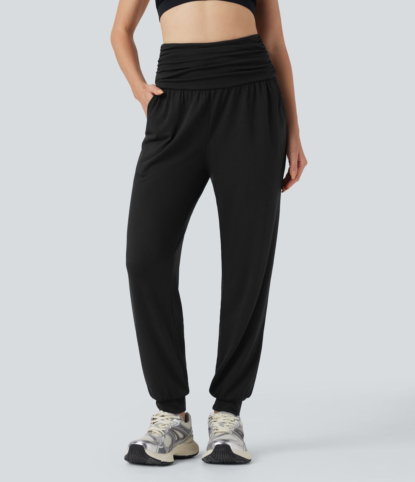 Jogging taille haute froncé chiné avec poches