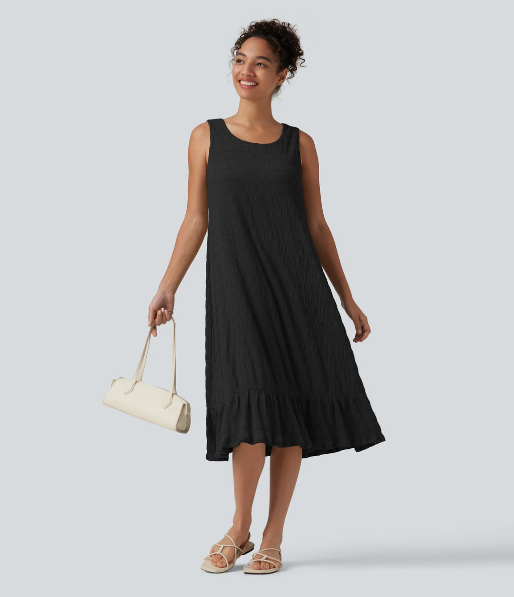Robe midi sans manches à encolure arrondie avec coussinets amovibles et ourlet à volants