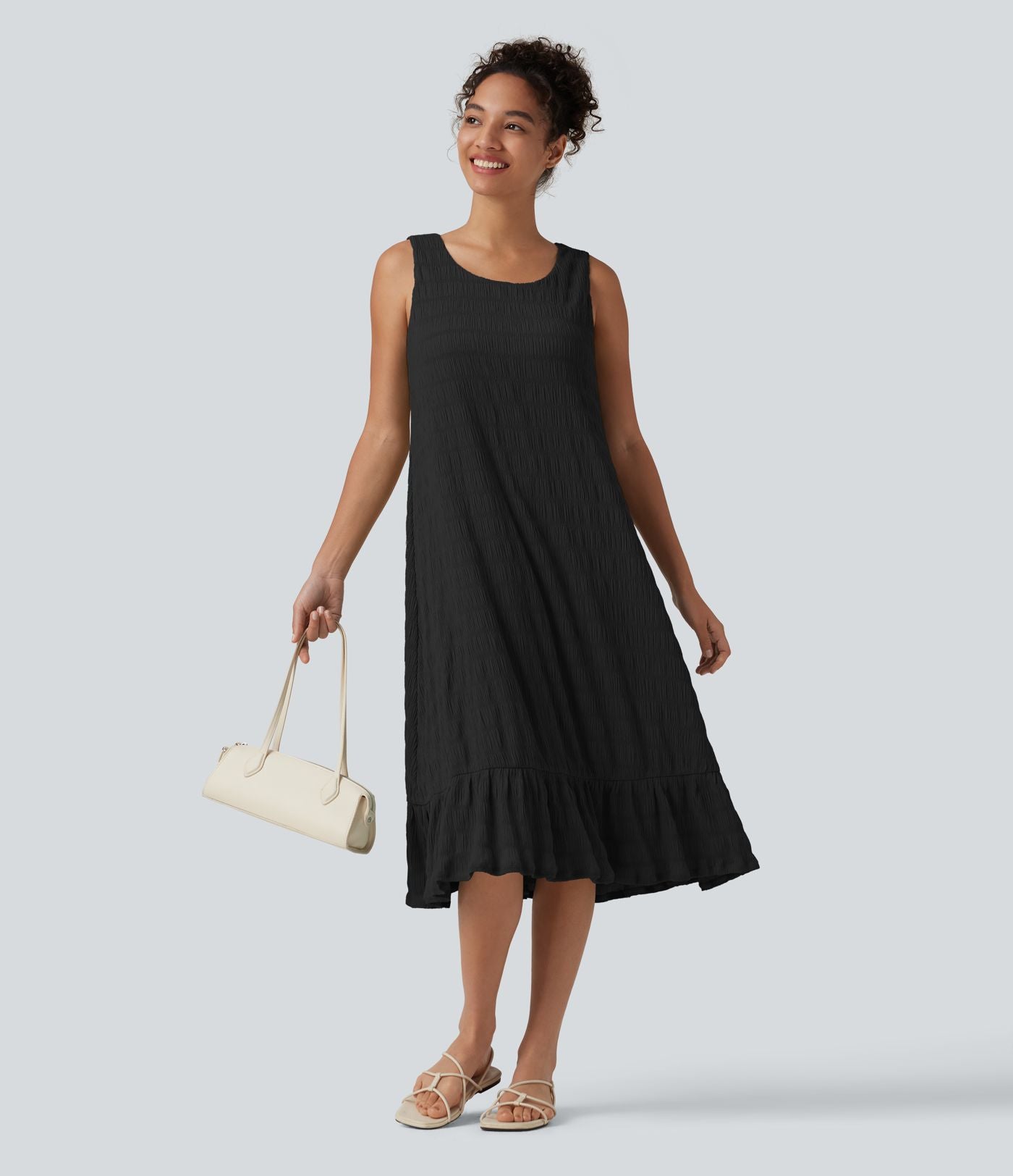 Robe midi sans manches à encolure arrondie avec coussinets amovibles et ourlet à volants