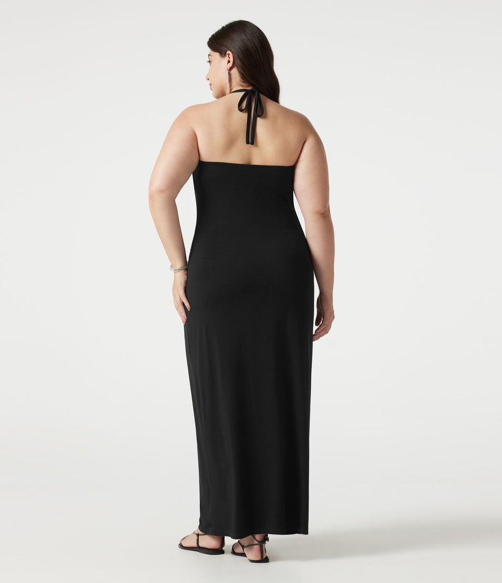 Robe maxi grande taille col halter dos nu avec lien au dos et poches