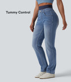 Jean ajusté décontracté Halara Flex™ double ceinture gainant taille haute avec poches