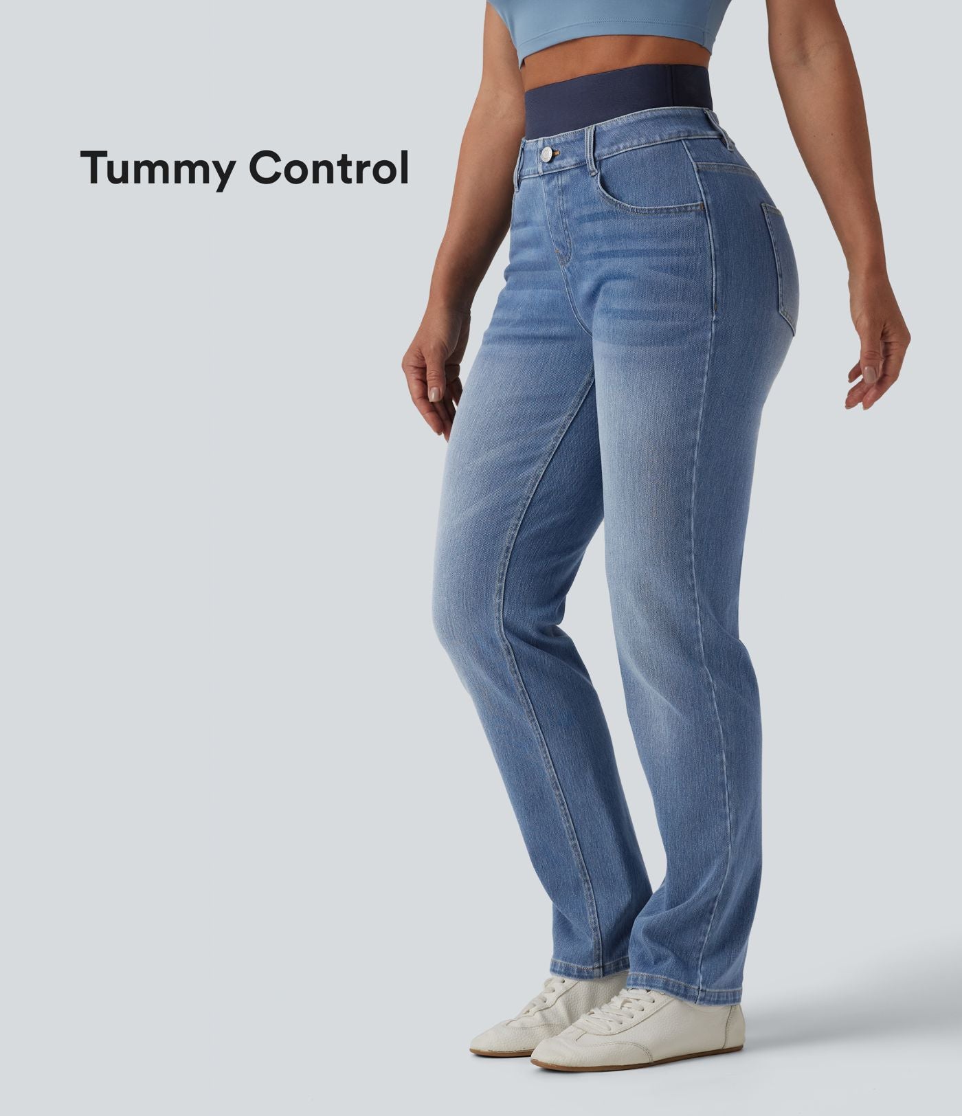 Jean ajusté décontracté Halara Flex™ double ceinture gainant taille haute avec poches