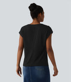 T-shirt décontracté col V manches courtes boutons décoratifs