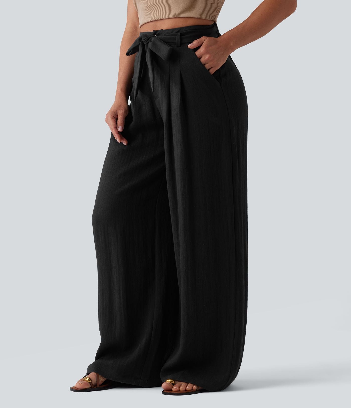 Pantalon casual ample taille haute aspect lin avec ceinture et poches