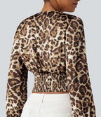 Blouse courte col V manches longues imprimé léopard