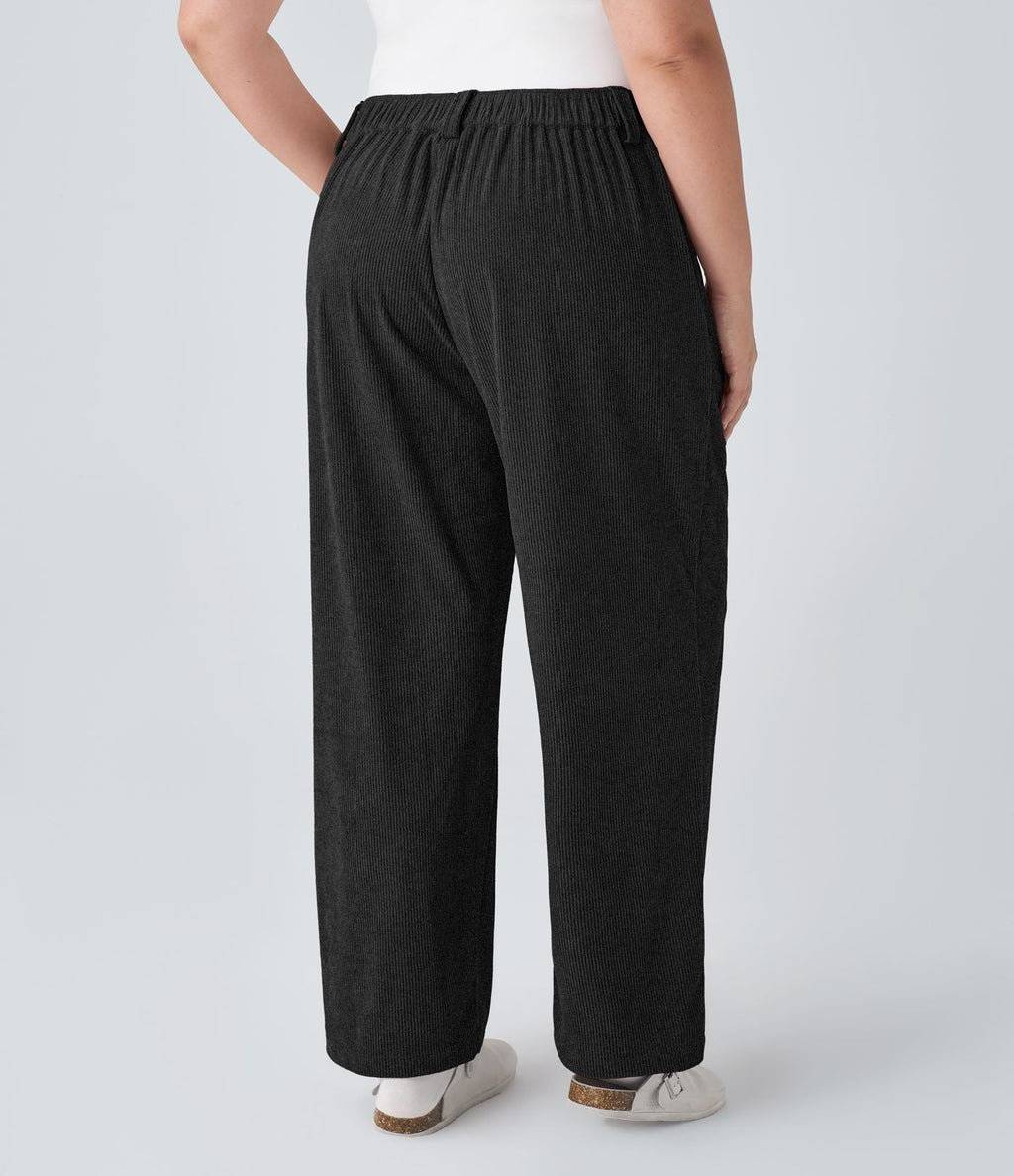 Pantalon Casual Grande Taille Velours Côtelé Taille Mi-haute Boutonnés Fermeture Éclair Poches Latérales