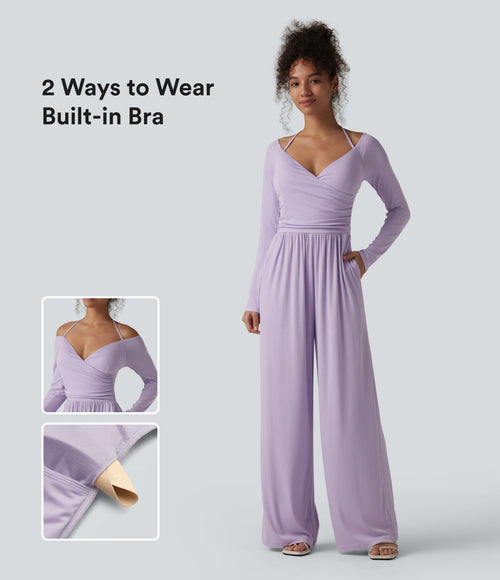 Combinaison casual en maille côtelée dos nu noué épaules dénudées manches longues avec soutien-gorge intégré et poches