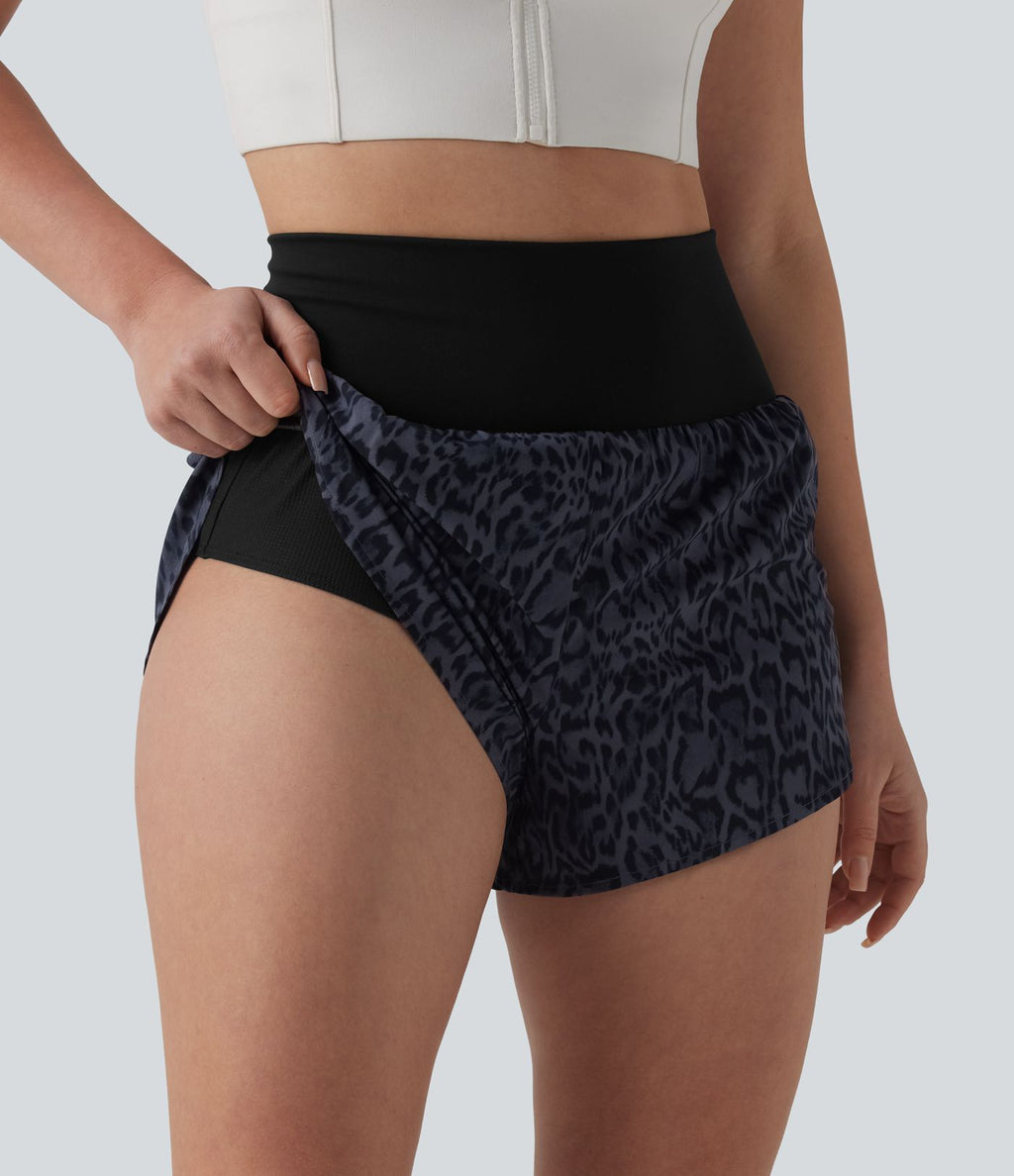 Short de running 2-en-1 taille haute imprimé léopard 7,5 cm avec poche
