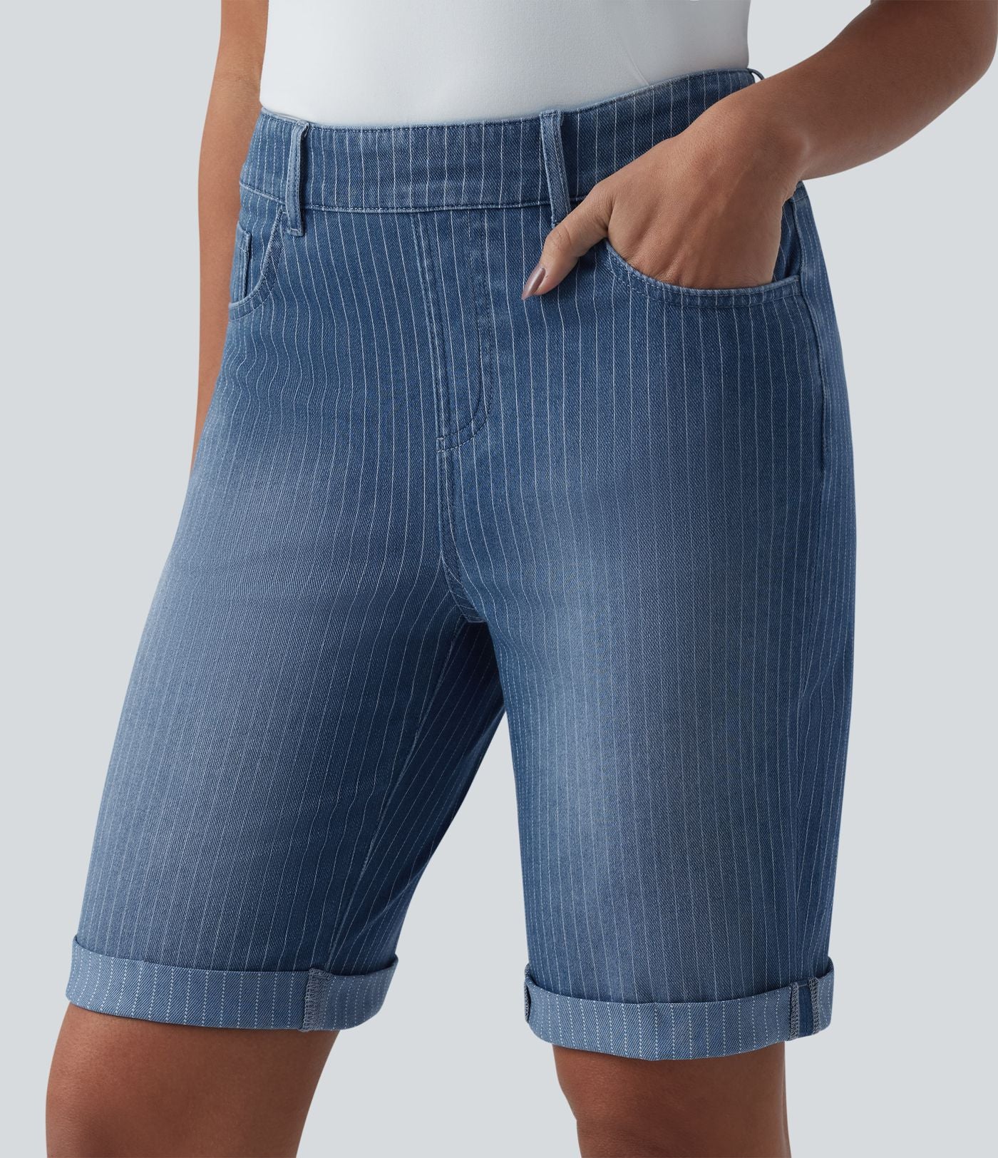 Short skinny casual en jean Halara Flex™ à rayures taille mi-haute avec ourlet retroussé et poches