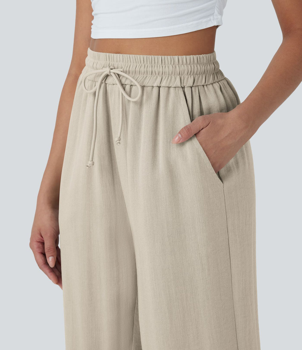 Pantalon décontracté aspect lin 7/8 à taille haute, jambe large avec cordon de serrage et poches latérales