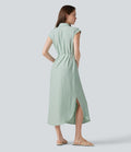 Robe chemise midi décontractée en mélange de lin, col classique, manches cape, ceinturée, ourlet arrondi fendu avec poches
