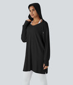 Sweatshirt Casual à Capuche Encolure en V Cordon de Serrage Trou pour le Pouce Fente et Coupe Longue