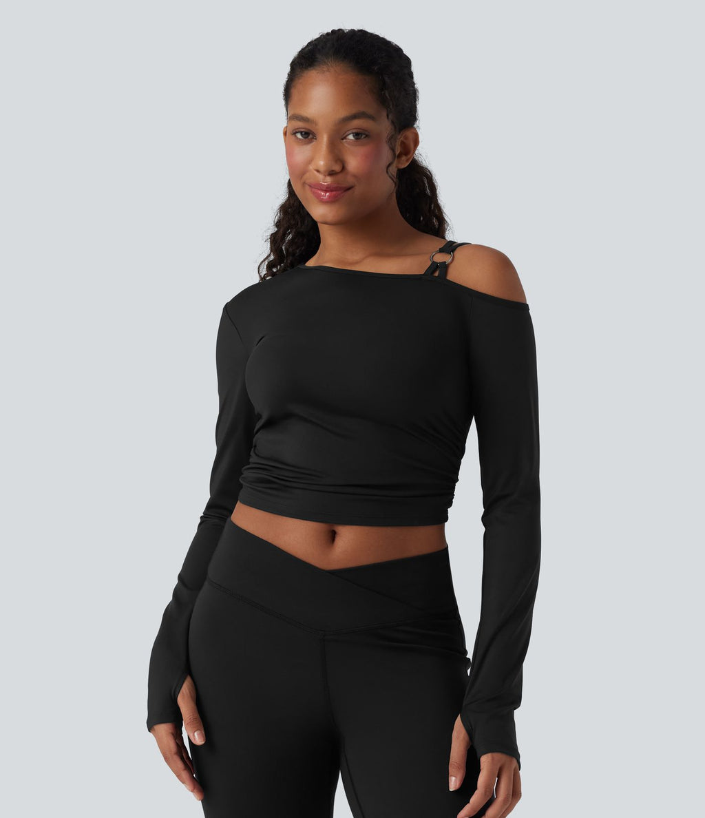 Haut de sport yoga SoftlyZero™ Airy une épaule manches longues avec passe-pouces froncé effet frais InstantCool, protection solaire UPF50+