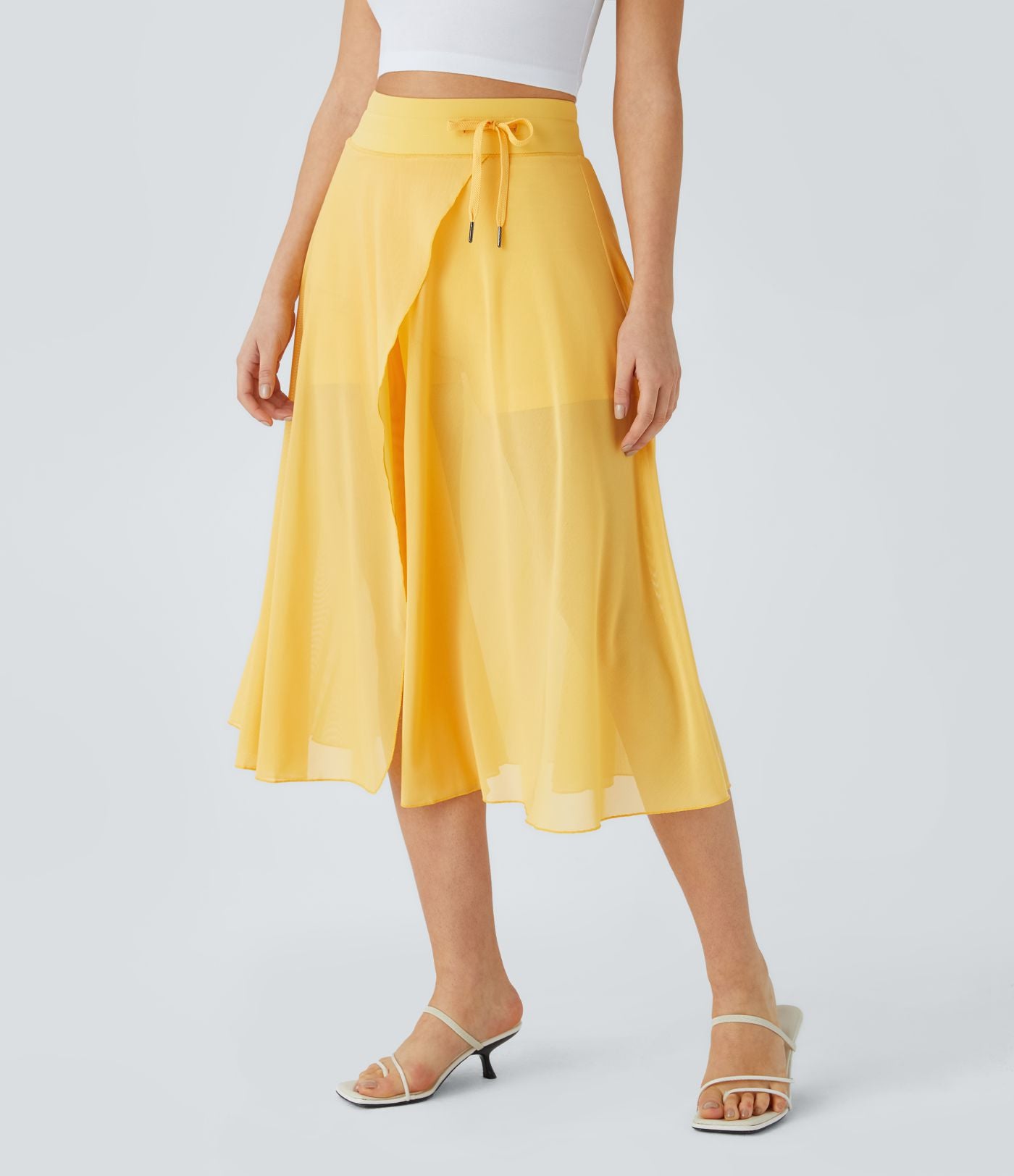 Jupe Casual Évasée Mesh Mi-Longue Fuide 2 en 1 Contrastée Taille Haute Cordon Poche Latérale