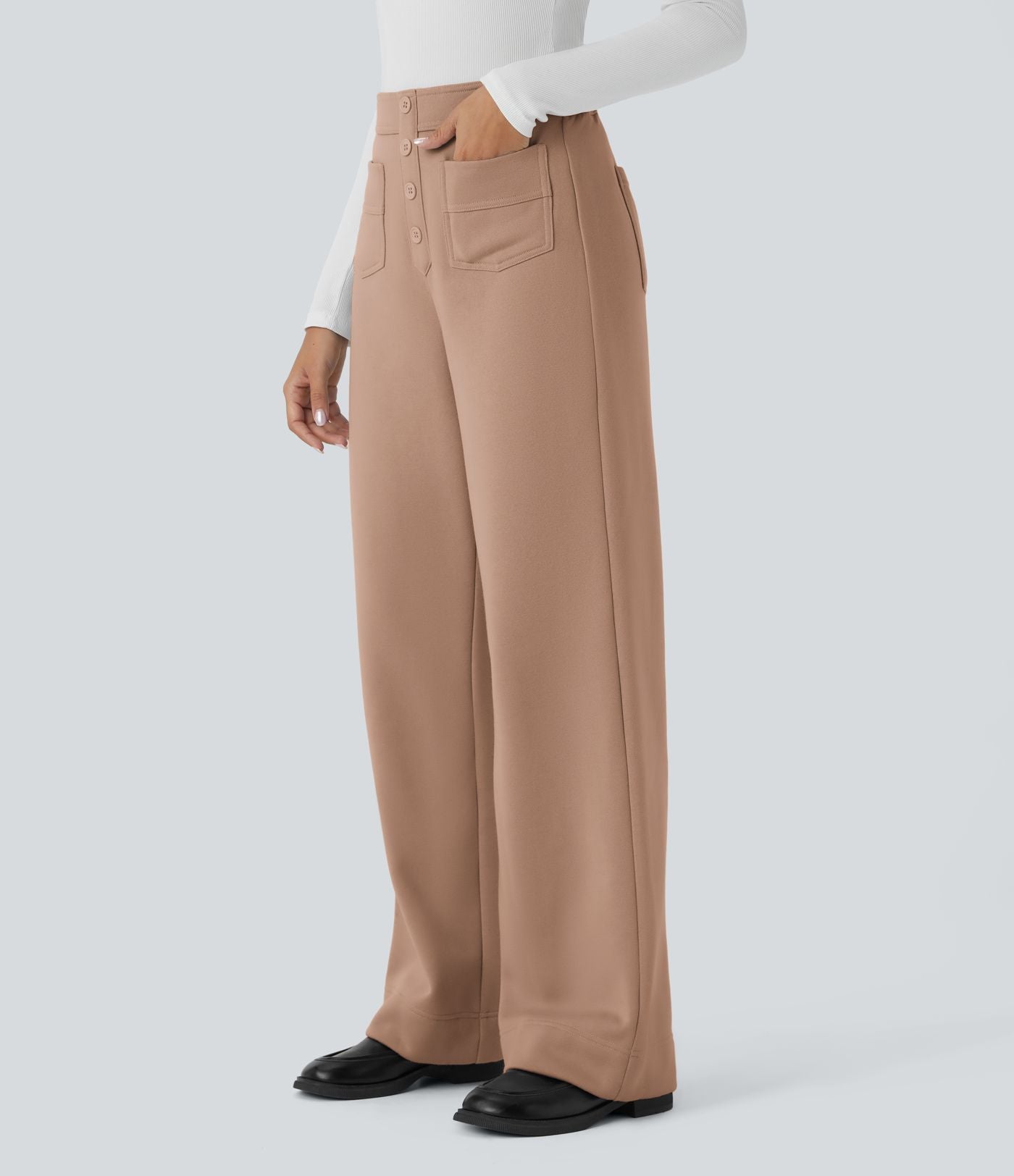 Pantalon Jogging en Fleece Thermique Jambe Droite Boutons Taille Haute Plusieurs Poches