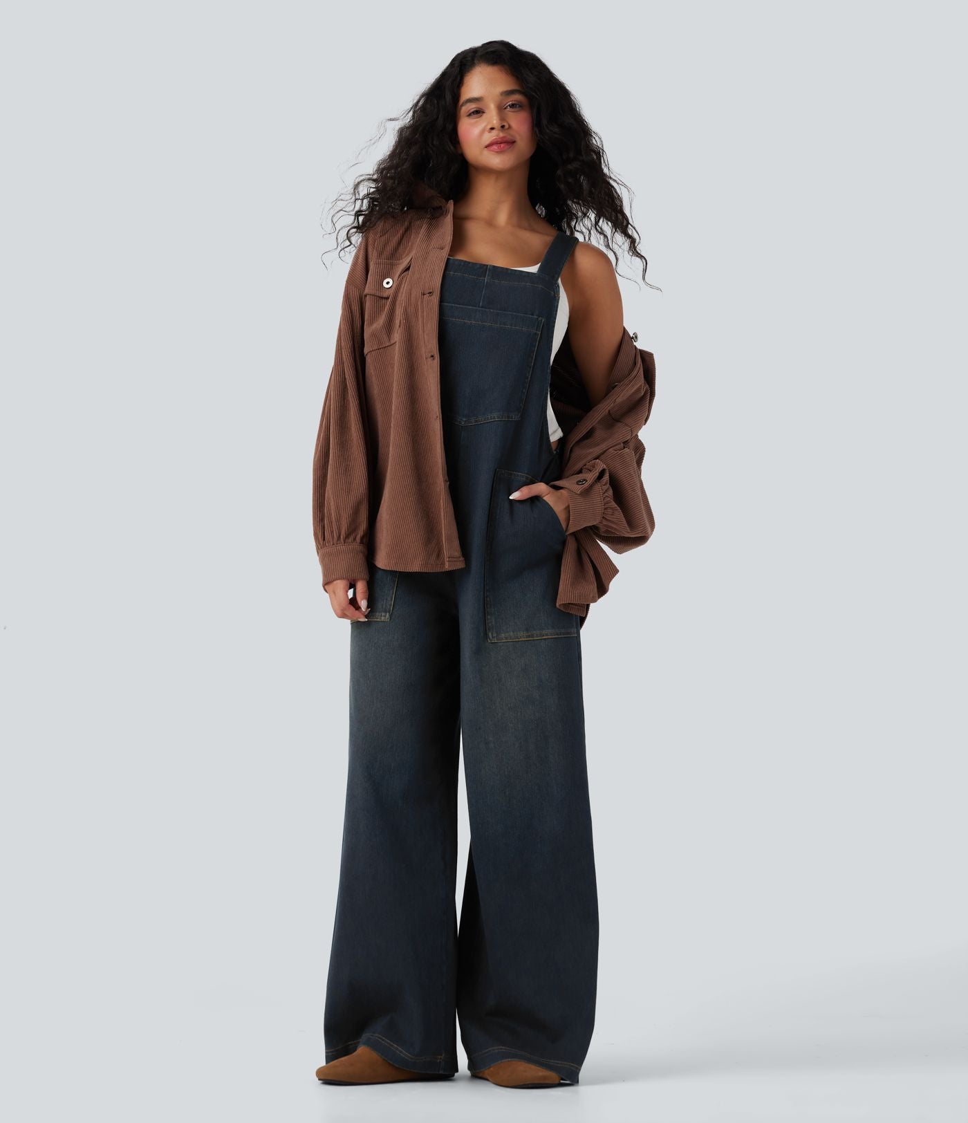 Salopette denim Halara Flex™ col carré effet délavé avec poches