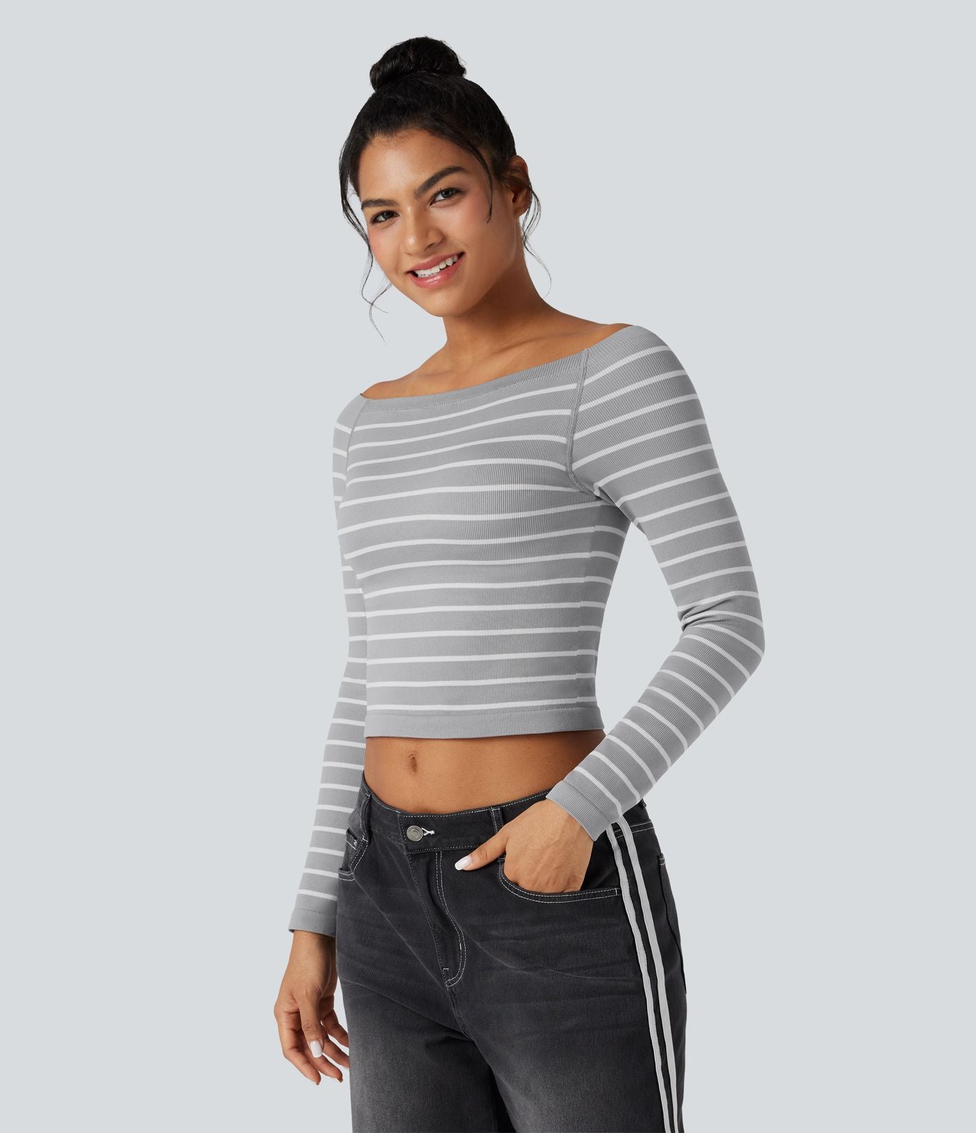 Haut de sport épaules dénudées manches raglan longues à rayures sans couture OneForm Seamless Flow