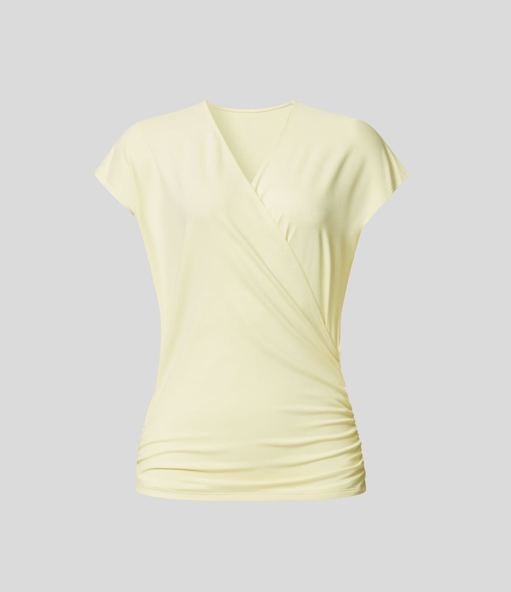 Blouse Travail Unie Froncée Croisée Manches Courtes Col en V