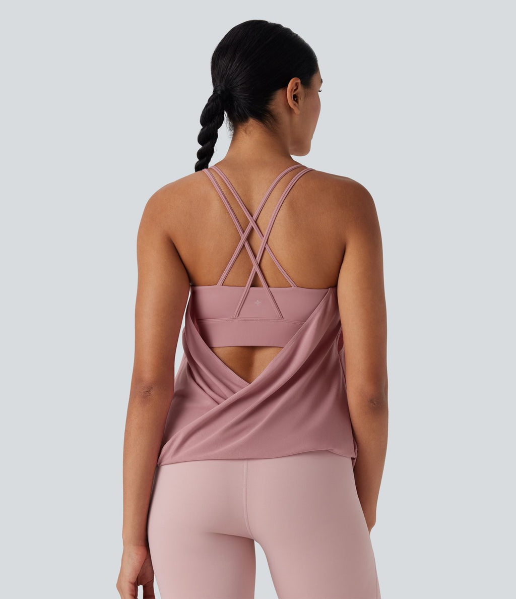 Débardeur yoga plissé à dos nu avec bretelles croisées et séchage rapide