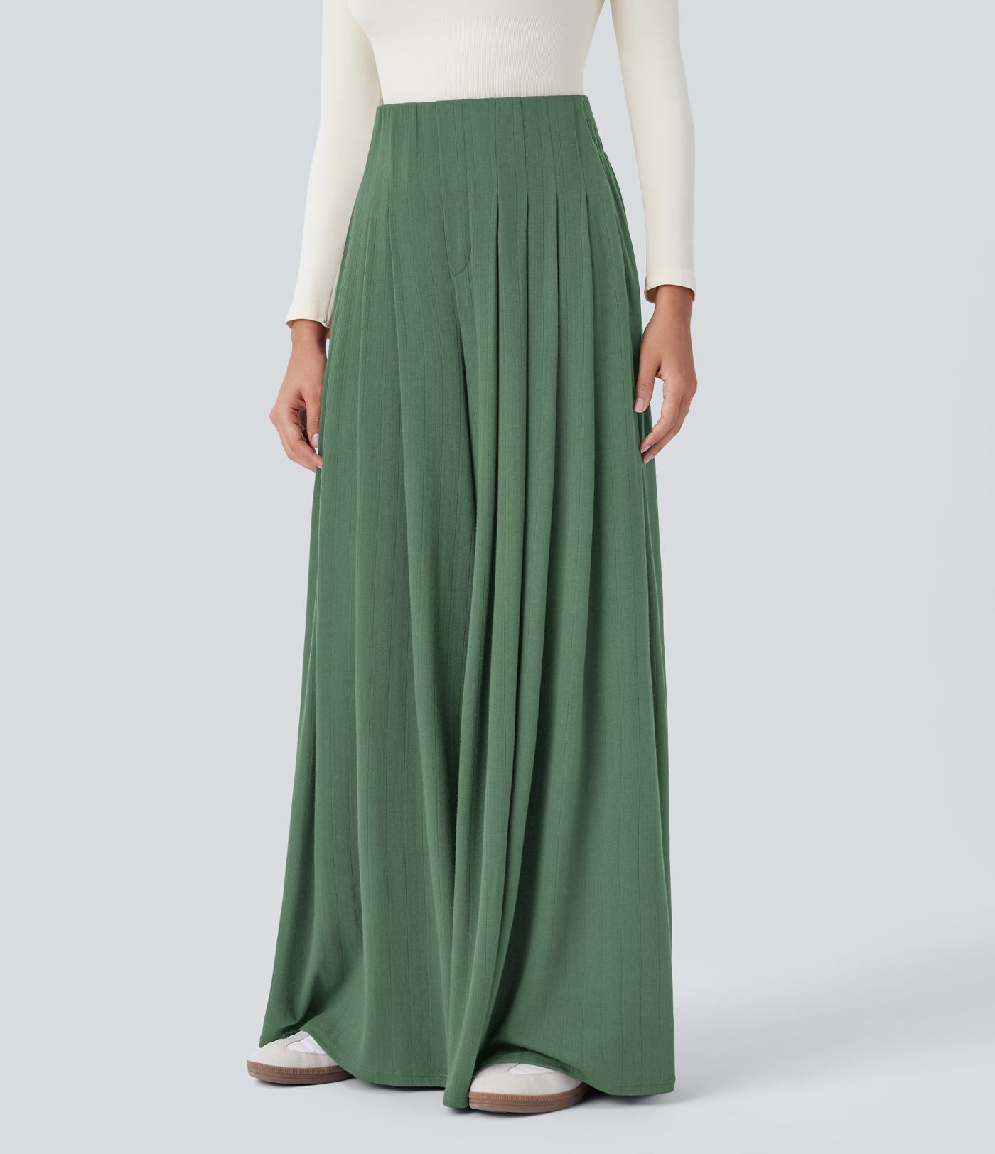 Pantalon décontracté ample à taille haute, plissé et à poches latérales