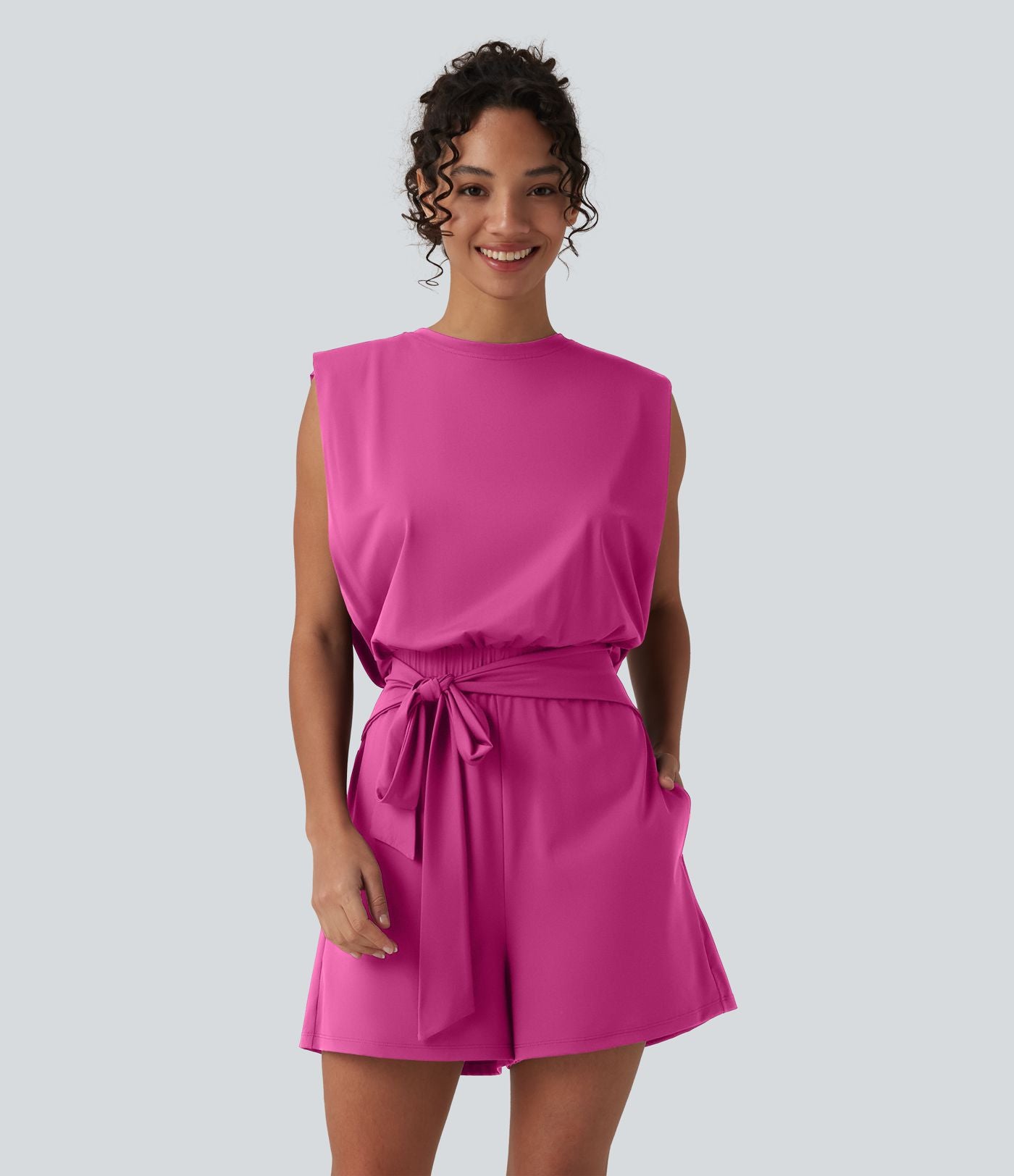 Combishort décontracté col rond sans manches effet frais InstantCool avec nœud frontal et poches, accès facile Easy Peasy, protection solaire UPF50+