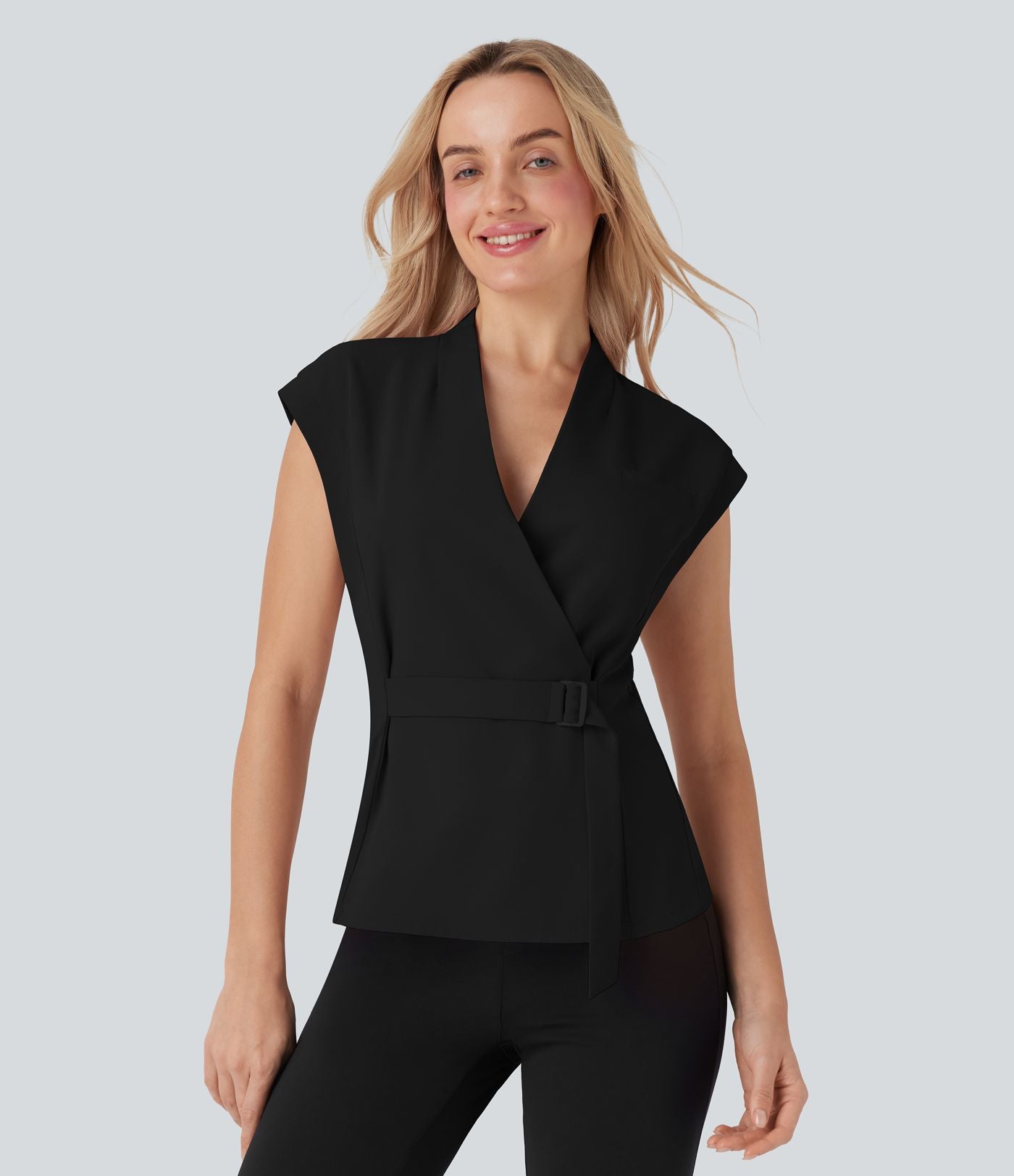 Veste short tailleur à col V, sans manches, portefeuille et ceinture