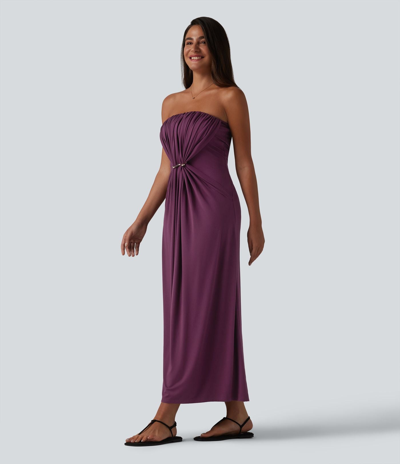 Robe longue casual bustier froncée avec brassière intégrée et poches