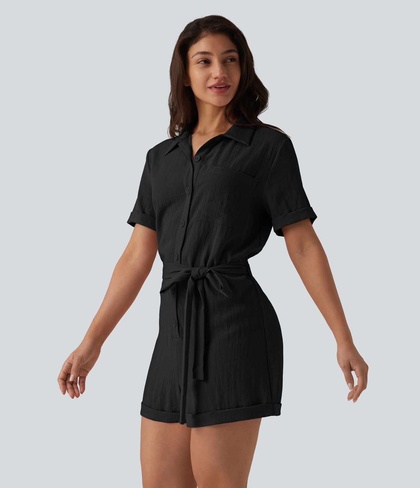 Combishort chemise manches courtes effet lin, avec ceinture et poche
