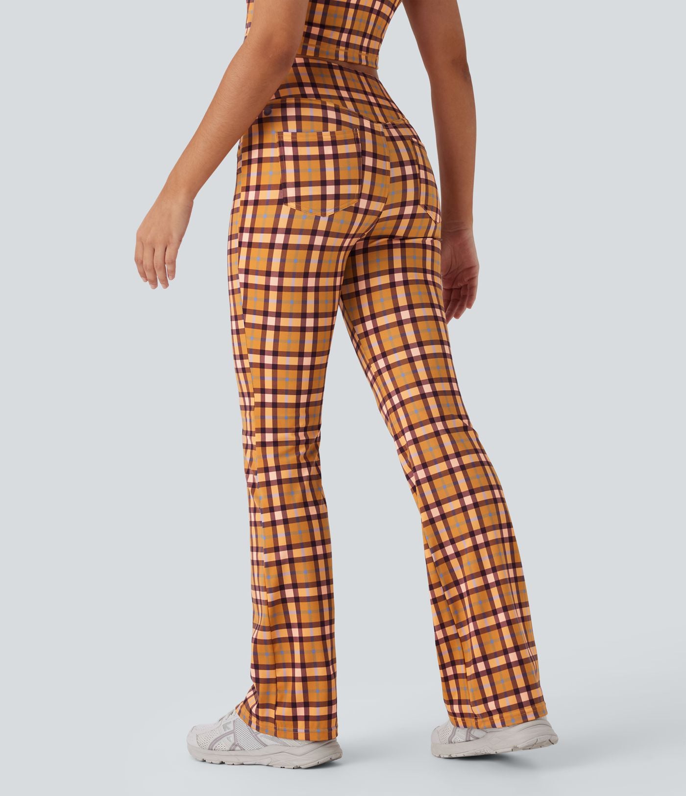 Pantalon décontracté bootcut à carreaux cool touch, taille haute, avec poches