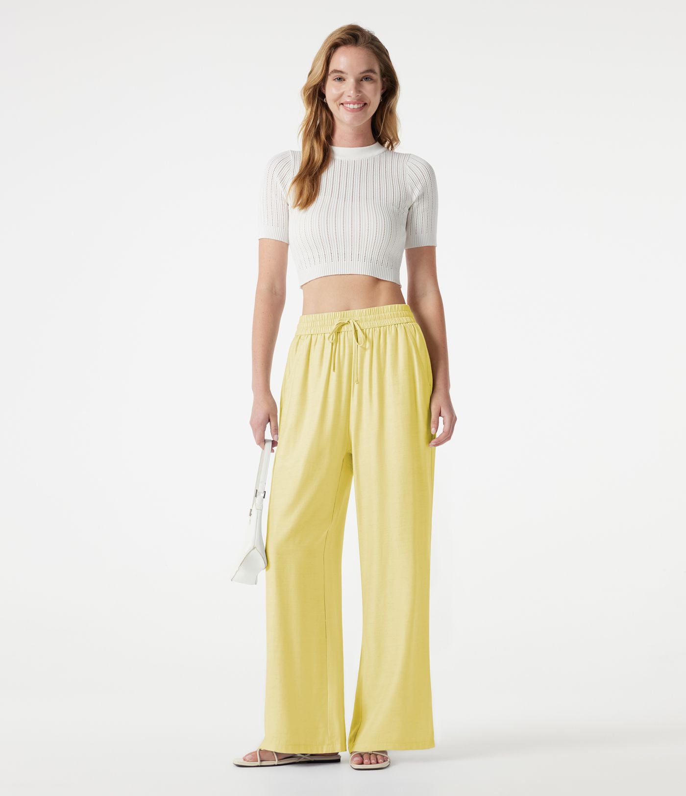 Pantalon large 2-en-1 casual en mélange de lin taille haute avec cordon et poches