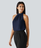 Blouse Travail Sans Manches Ourlet Courbé Col Haut Découpe au Dos Plis