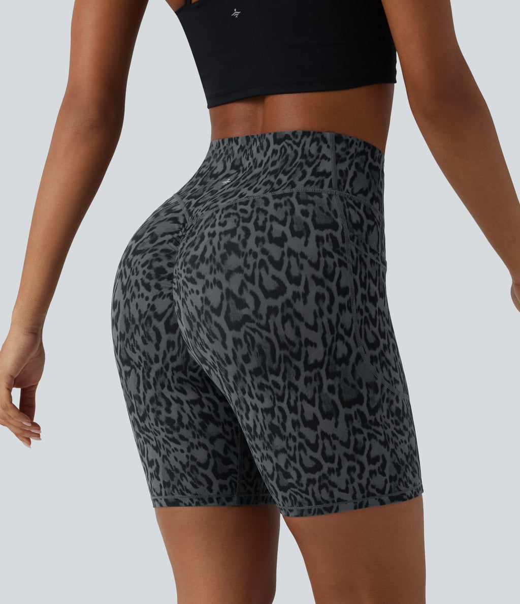 Short cycliste d'entraînement taille haute gainant effet push-up imprimé léopard 17,5 cm Halara UltraSculpt™ avec poches