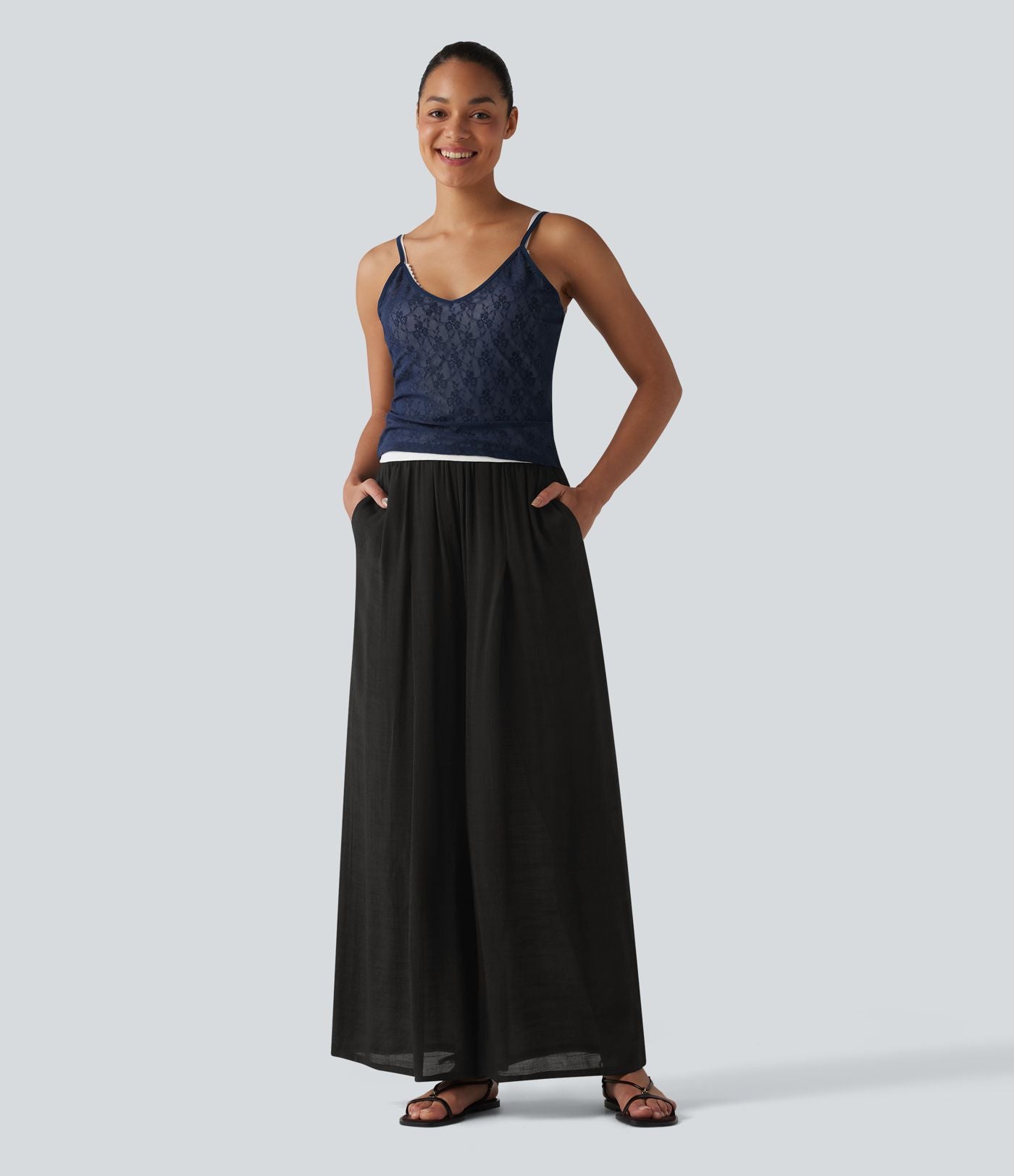 Pantalon large fluide décontracté taille haute aspect lin avec poches