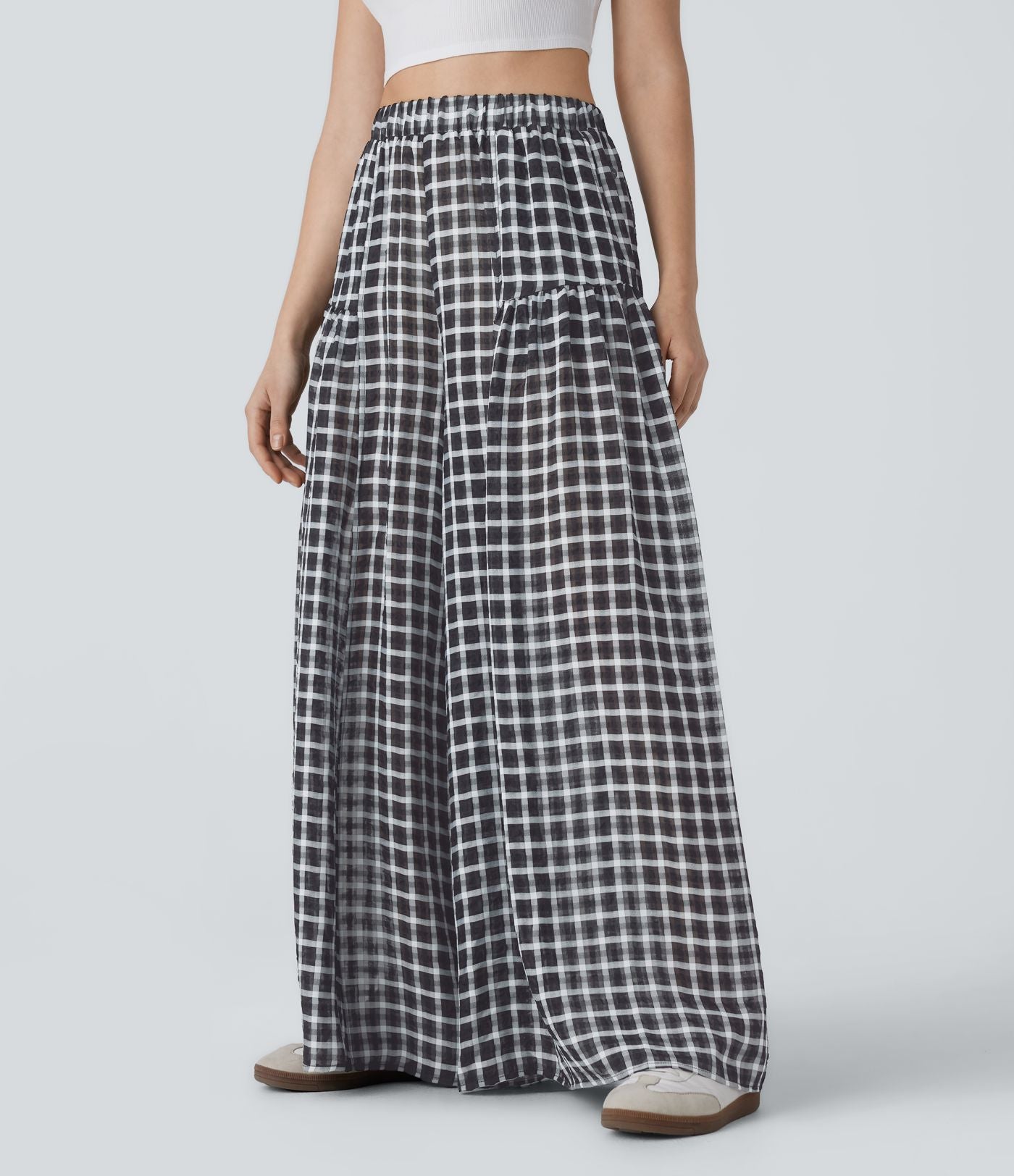 Pantalon décontracté à carreaux taille haute coupe ample avec poches latérales