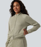 Veste casual côtelée à col montant, manches longues et fermeture zippée avec poches