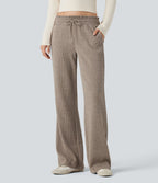 Pantalon décontracté bootcut côtelé, taille basse, cordon et poches
