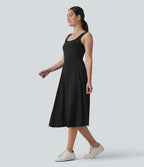 Robe de sport danse mi-longue Breezeful™ col carré dos nu croisé avec brassière intégrée 2-en-1 séchage rapide et poche - Easy Peasy