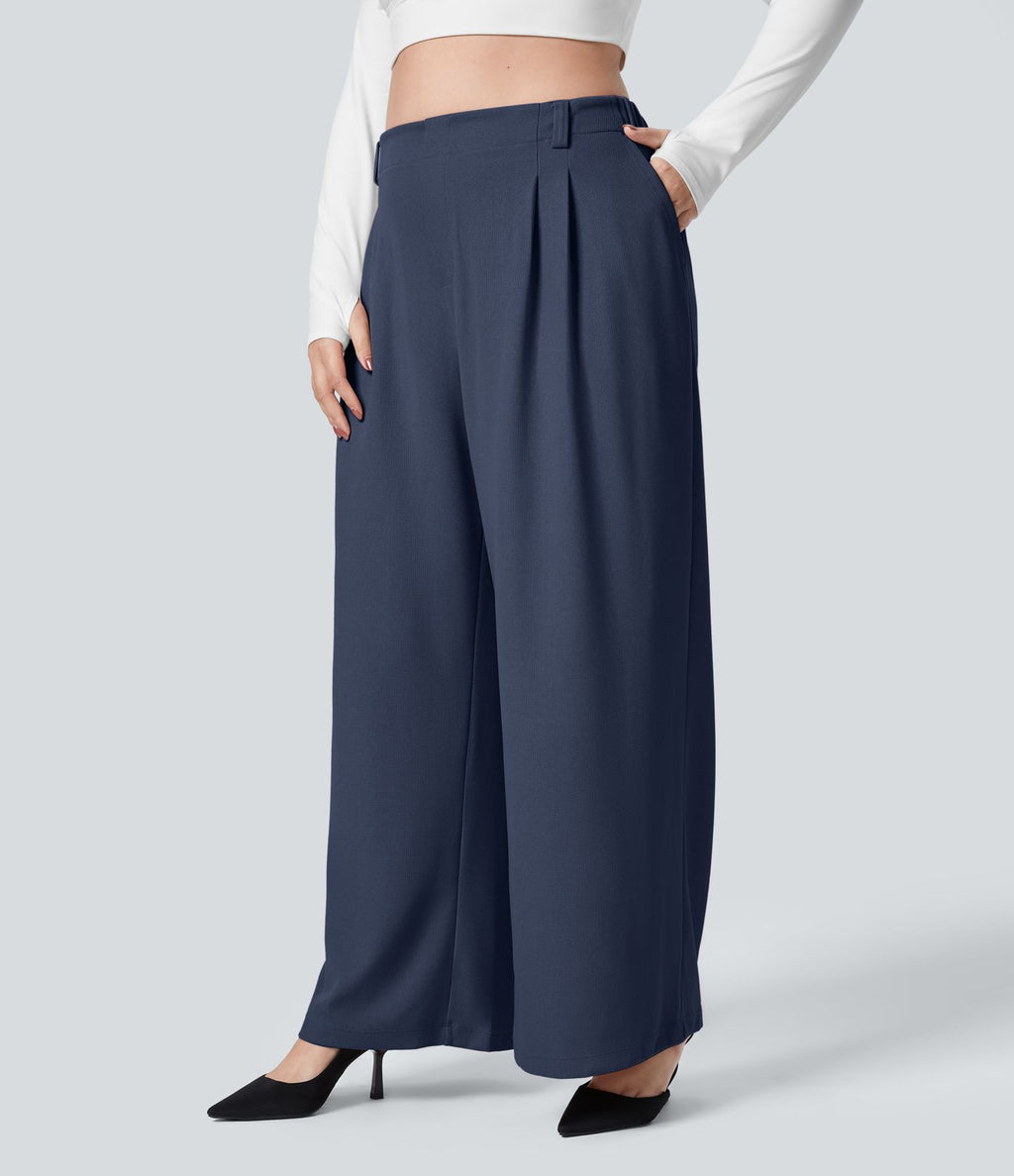 Halara Flex™ Pantalon tailleur Grande taille à Taille Haute, Poches Latérales Plissées, Jambes Larges, en Tissu Gaufré