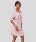 Robe-chemise décontractée à col, manches retroussables et ceinture