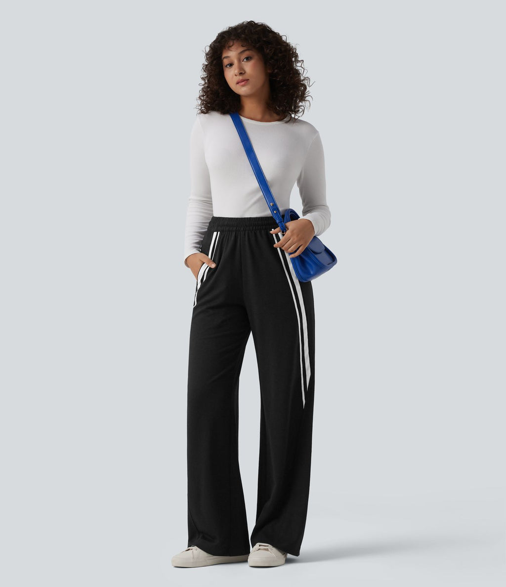 Jogging large décontracté color block taille mi-haute avec cordon de serrage intérieur et poches