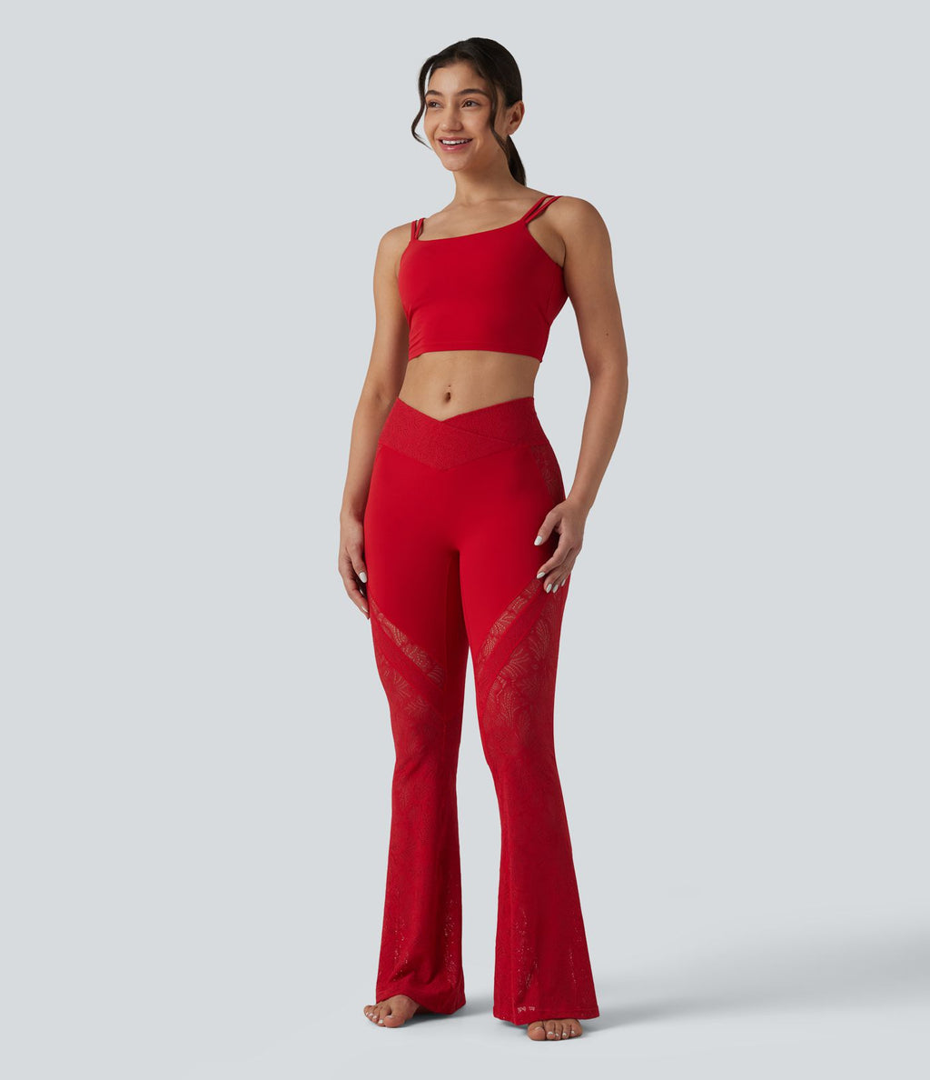 Pantalon de yoga évasé à taille haute croisée, poche arrière et dentelle