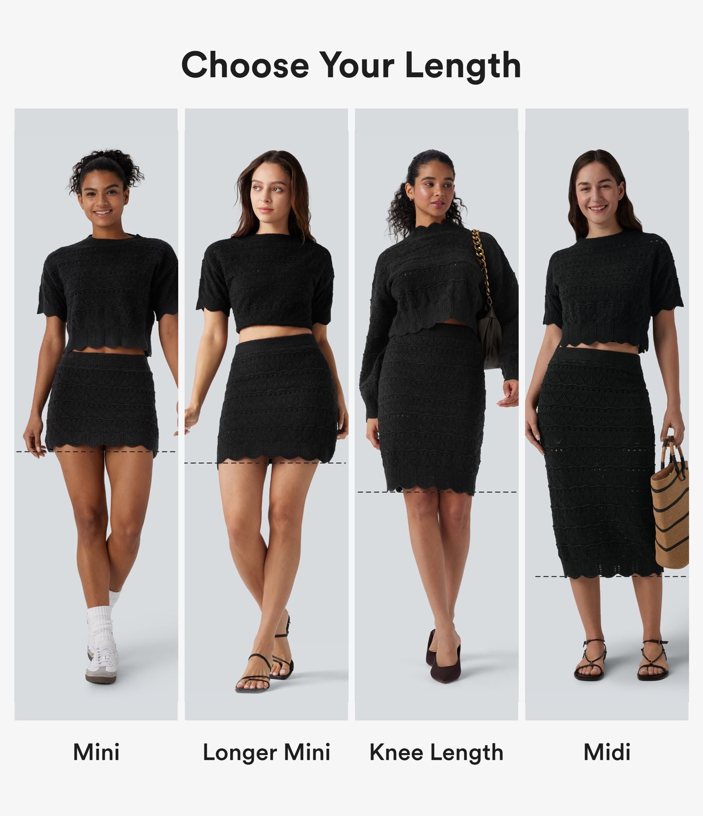 Jupe mini décontractée 2 en 1 taille haute en maille ajourée avec poches — longueur allongée