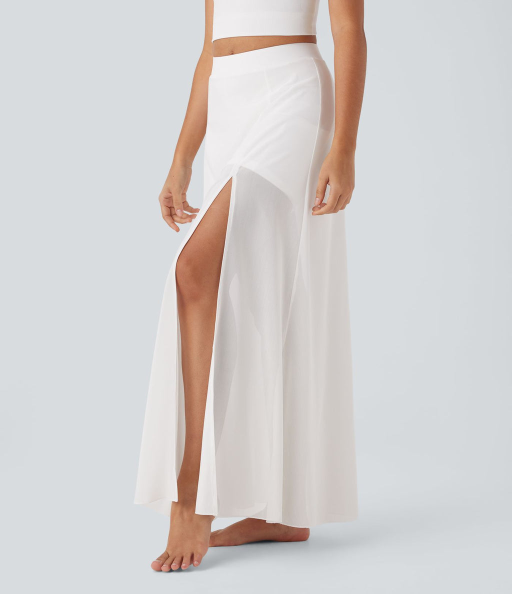 Jupe maxi fluide de danse 2-en-1 à taille mi-haute, fente et poches latérales