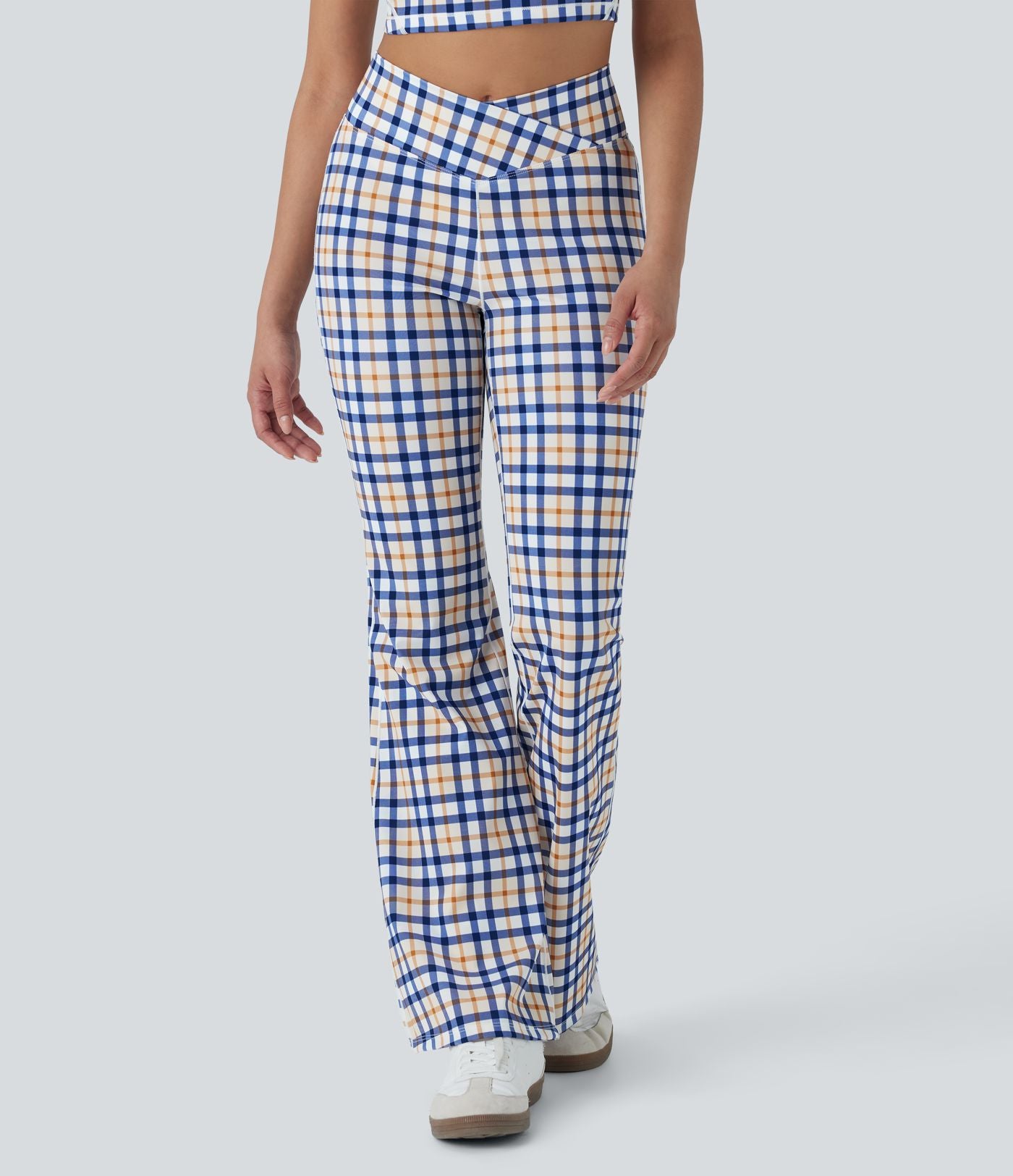 Pantalon évasé de yoga taille haute Cool Touch à motif écossais avec croisement et poche