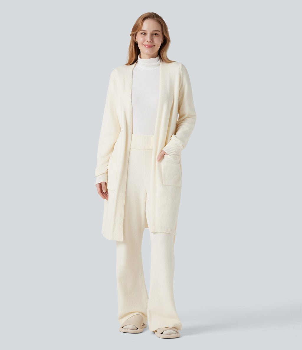 Robe d'intérieur longue tricot ouverte ceinturée manches longues avec poches