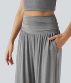 Pantalon casual 7/8 large taille haute à fronces avec poches