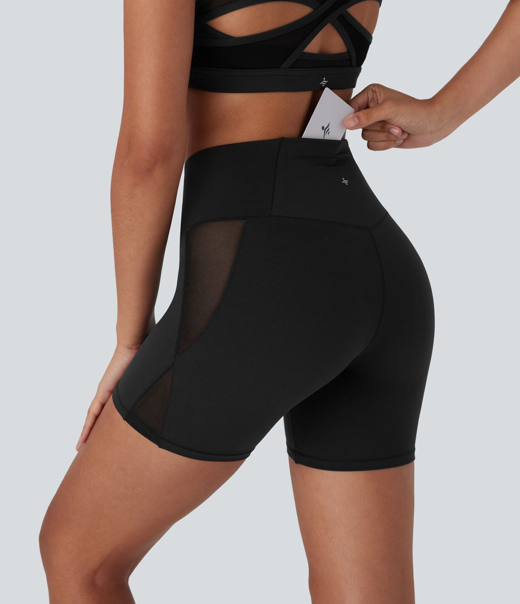 Short cycliste de yoga Softlyzero™ taille haute avec design croisé, filet contrasté, poche arrière et protection UPF50+ - 12,5 cm